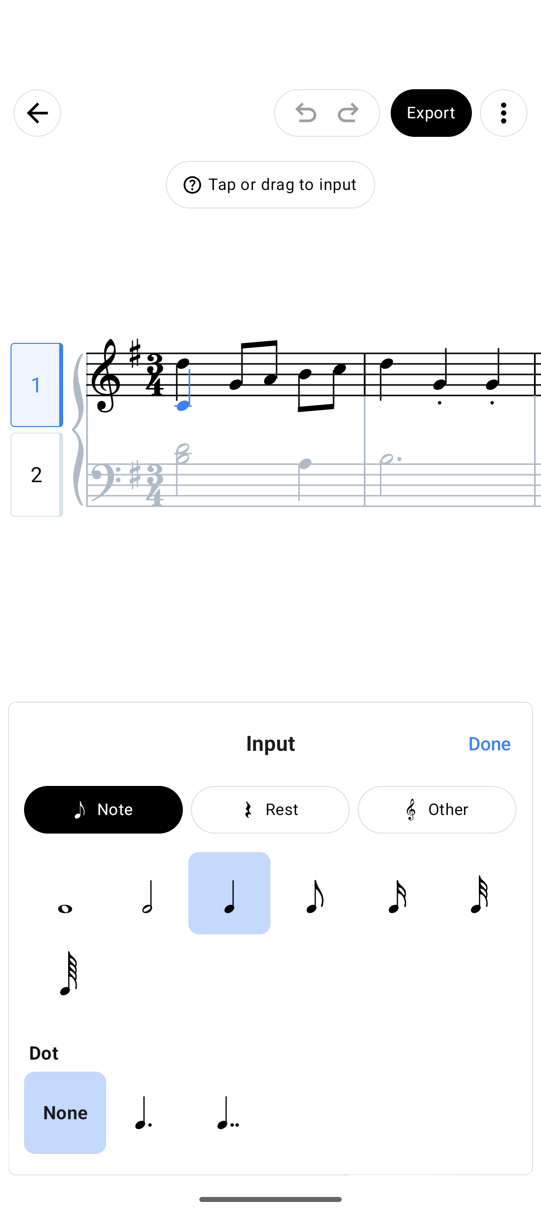 The MANUL Android editor with notes entered on a grand staff.